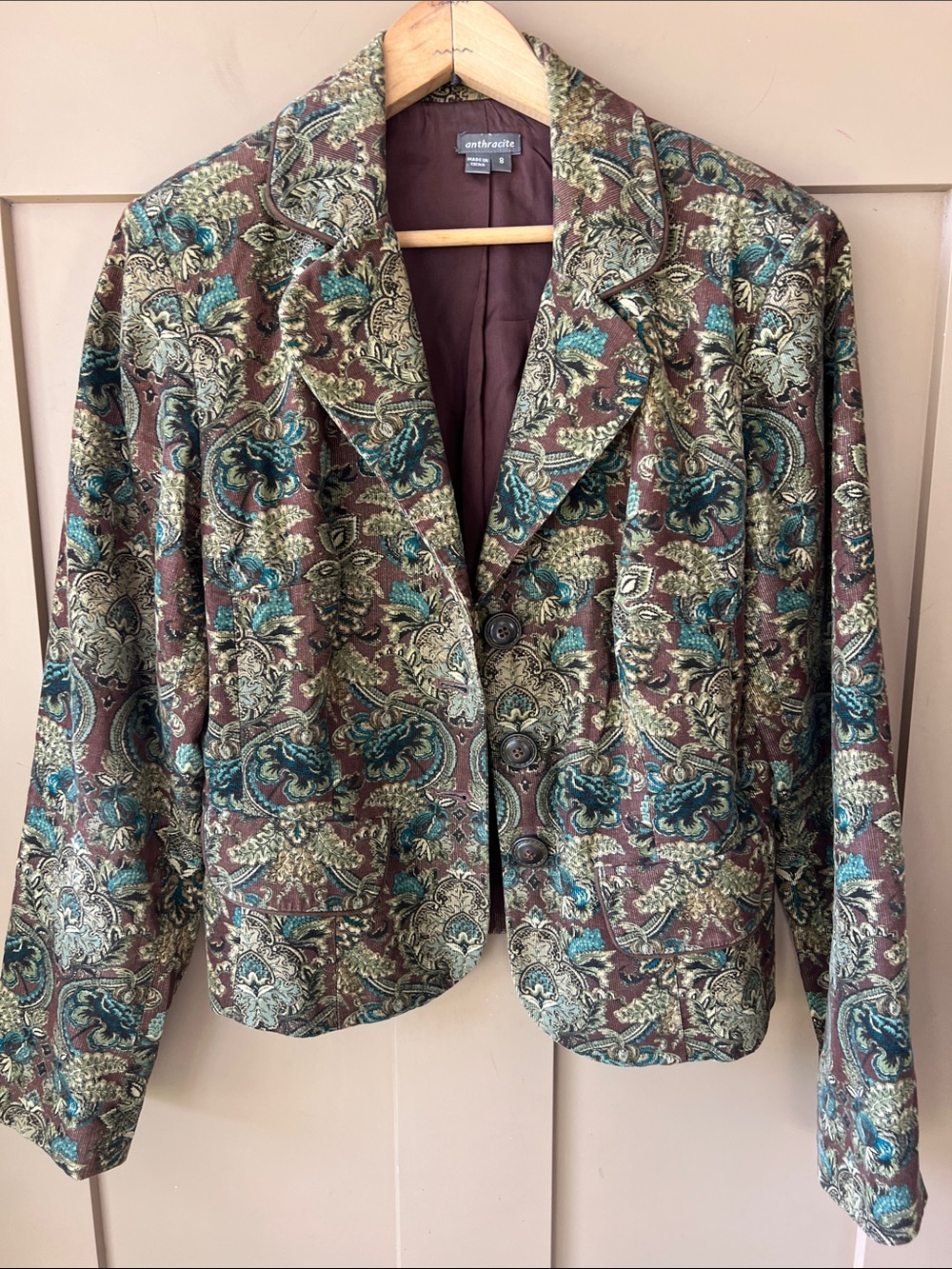 Anthracite Sz 8 Women’s Fall Paisley Floral Earthy Corduroy Blazer Jacket